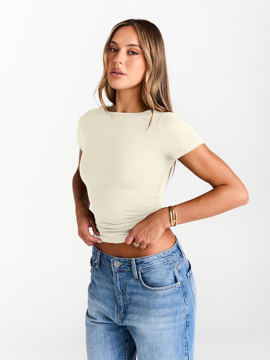 Womens Boat Neck Tops Short Sleeve T-Shirts Slim Fitted Compression