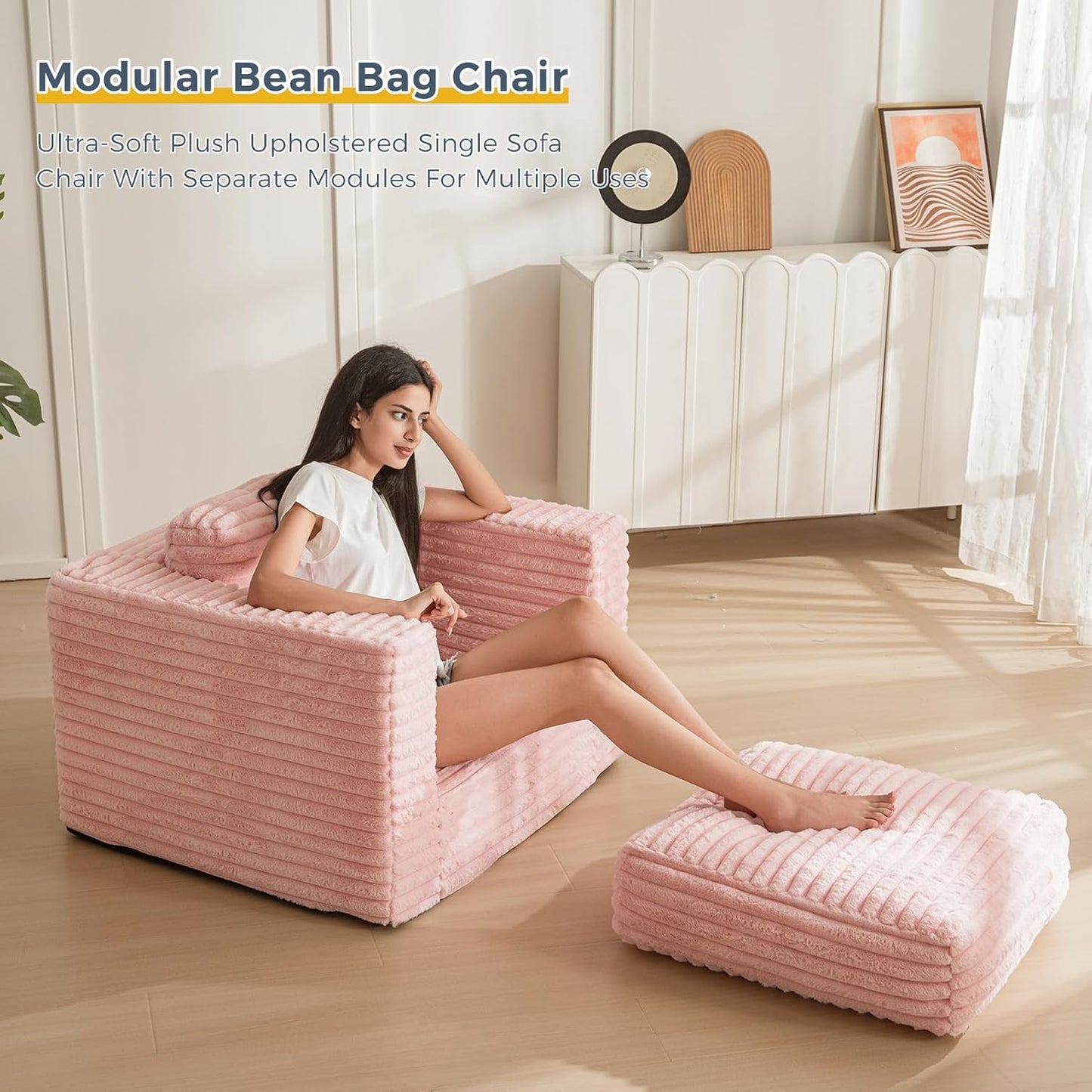 Plush Giant Bean Bag Sofa for Adults Floor Loveseat Chair with Armrests White