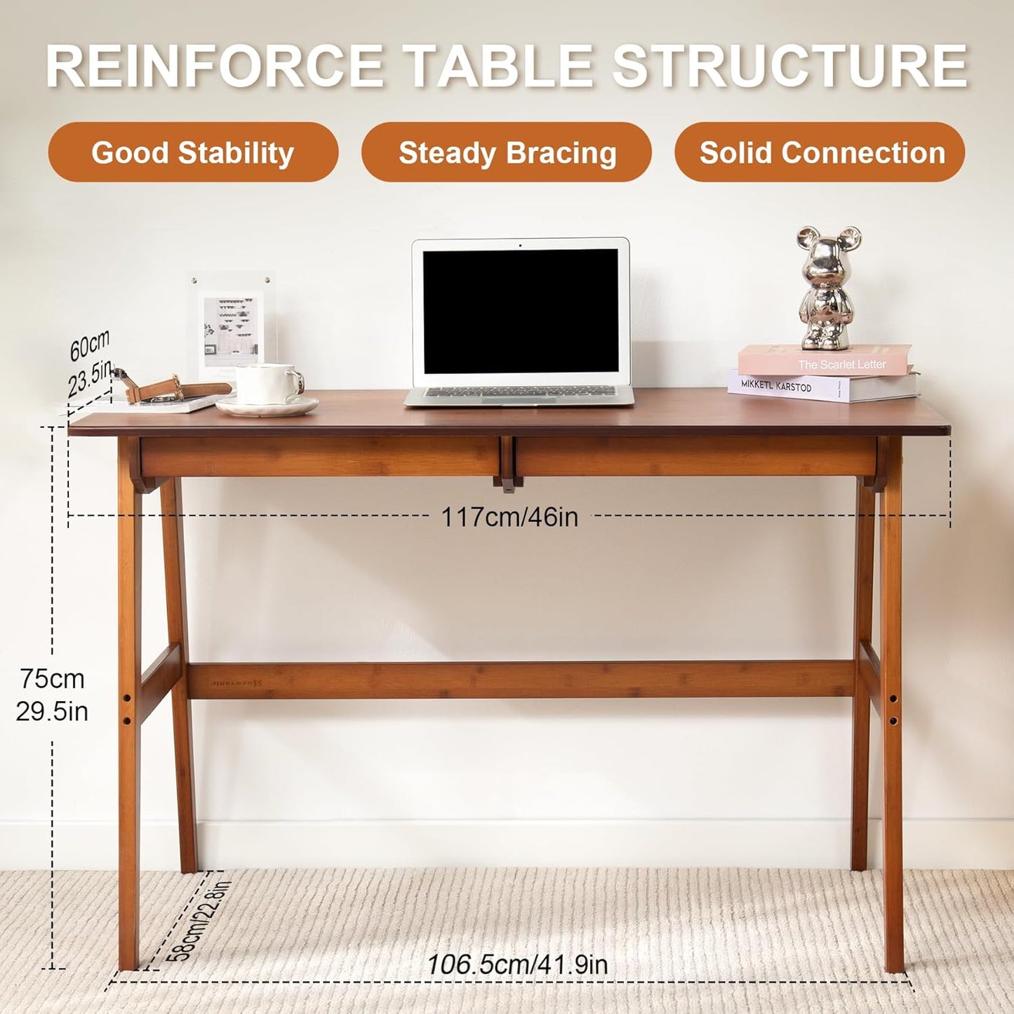 Writing Computer Desk 46" Bamboo Home Office Table with 2 Drawers