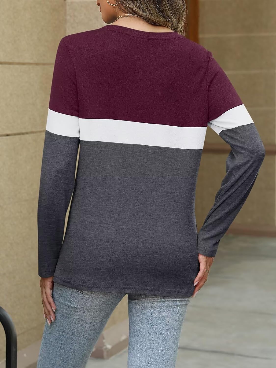 Women Long Sleeve Color Block Tunics Tops Round Neck Shirts Casual Blouses