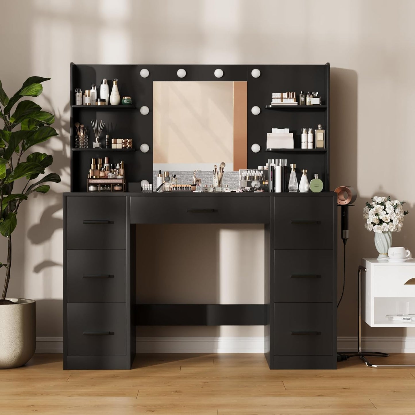 Furmax Vanity Desk with Mirror LED Lights and Power Outlet Makeup Vanity Table