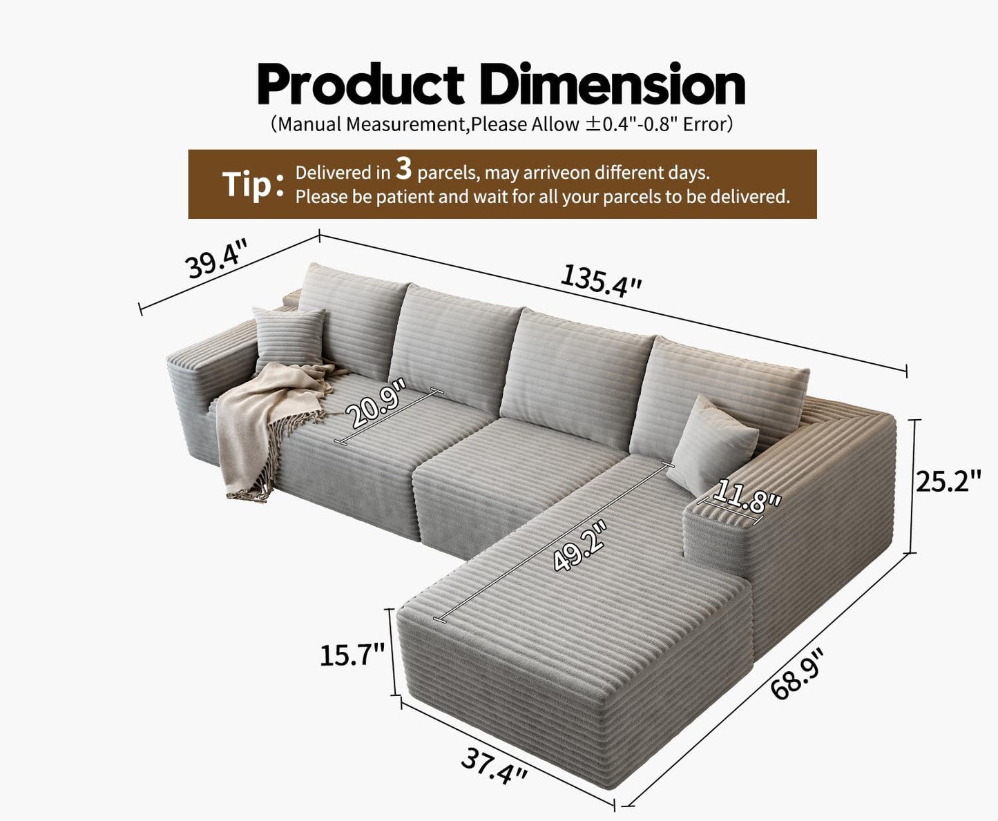 107.5" Cloud Modular Sectional Sofa with 1 Ottoman