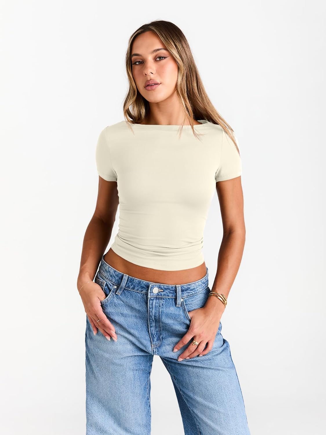 Womens Boat Neck Tops Short Sleeve T-Shirts Slim Fitted Compression