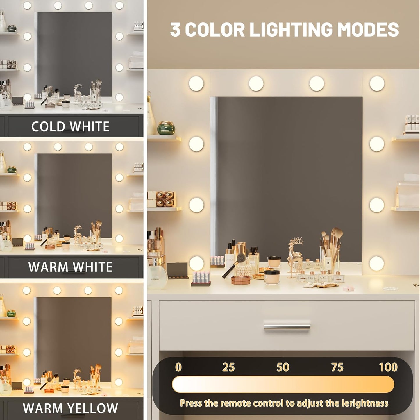 Furmax Vanity Desk with Mirror LED Lights and Power Outlet Makeup Vanity Table