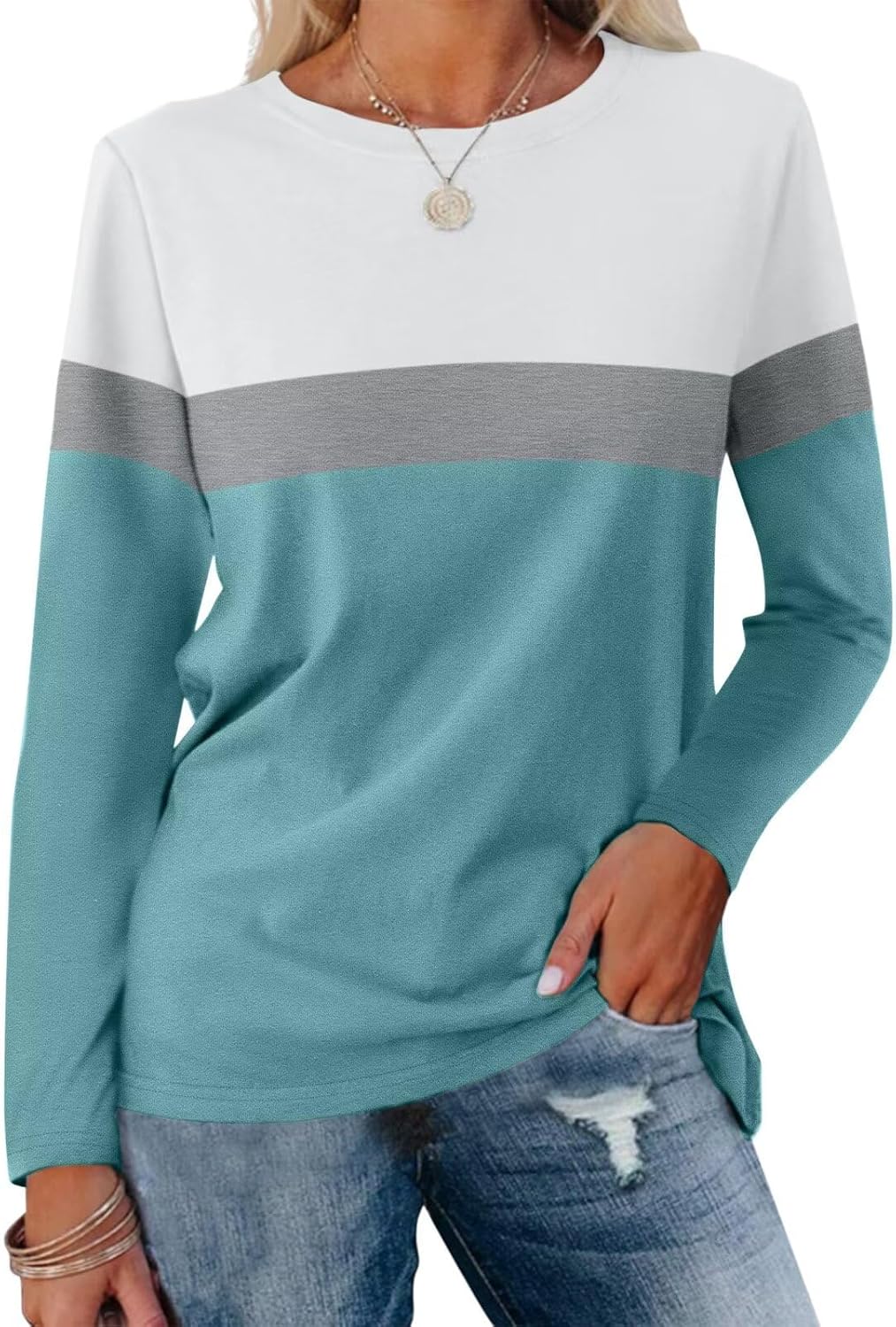 Women Long Sleeve Color Block Tunics Tops Round Neck Shirts Casual Blouses
