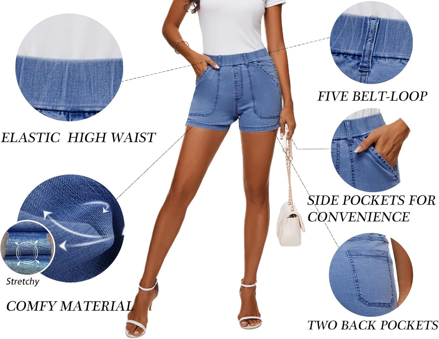 Womens Jean Shorts High Waisted Summer Cotton Elastic Waist Denim Shorts with Pockets
