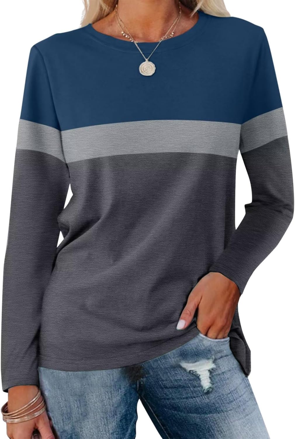 Women Long Sleeve Color Block Tunics Tops Round Neck Shirts Casual Blouses