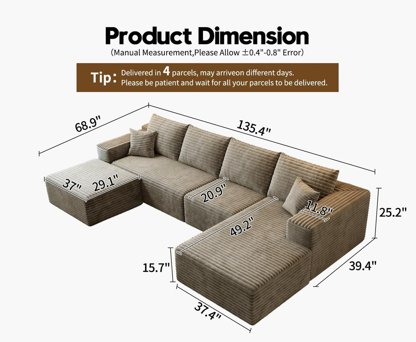 107.5" Cloud Modular Sectional Sofa with 1 Ottoman