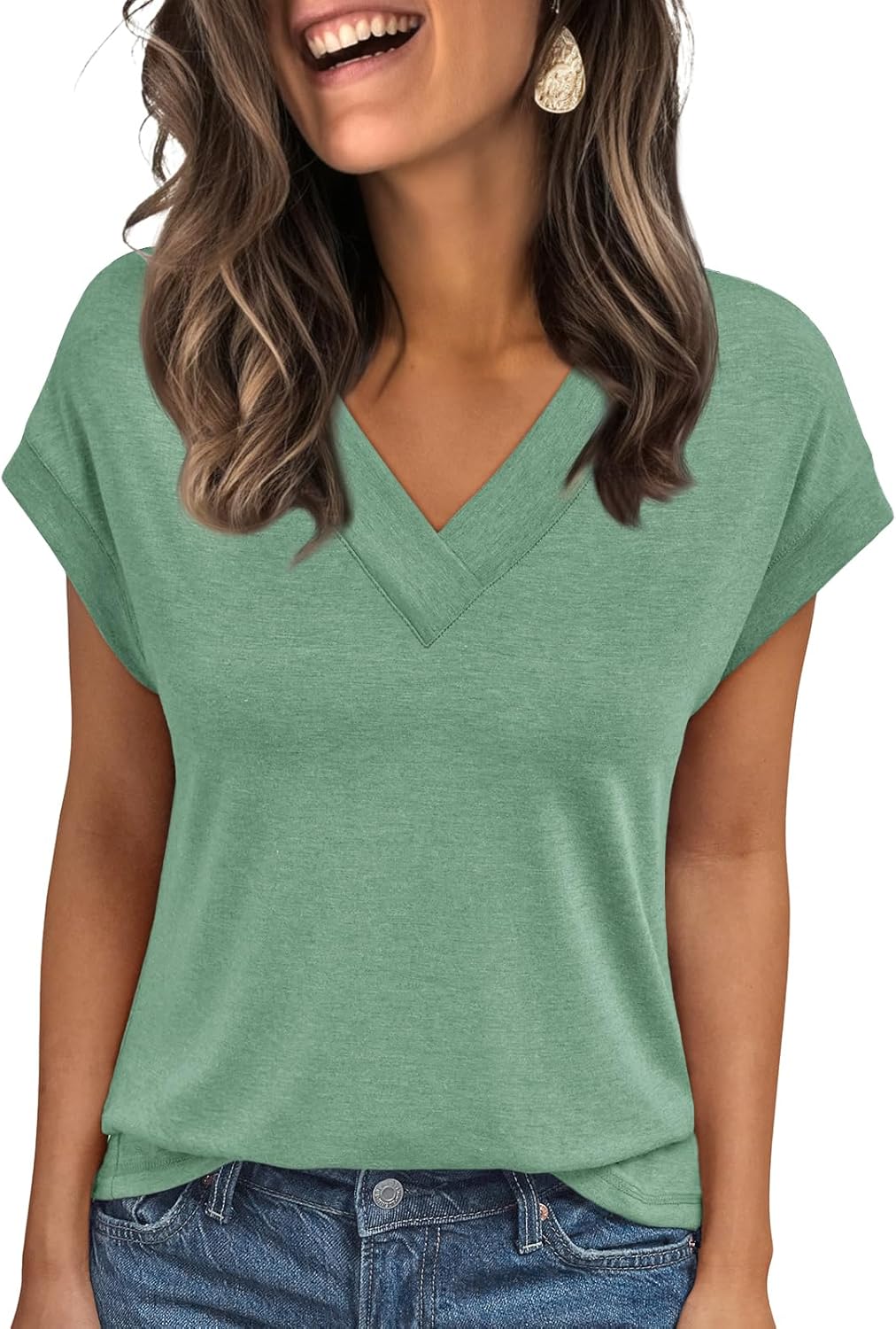 Womens Cap Short Sleeve T Shirts Summer Tops V Neck
