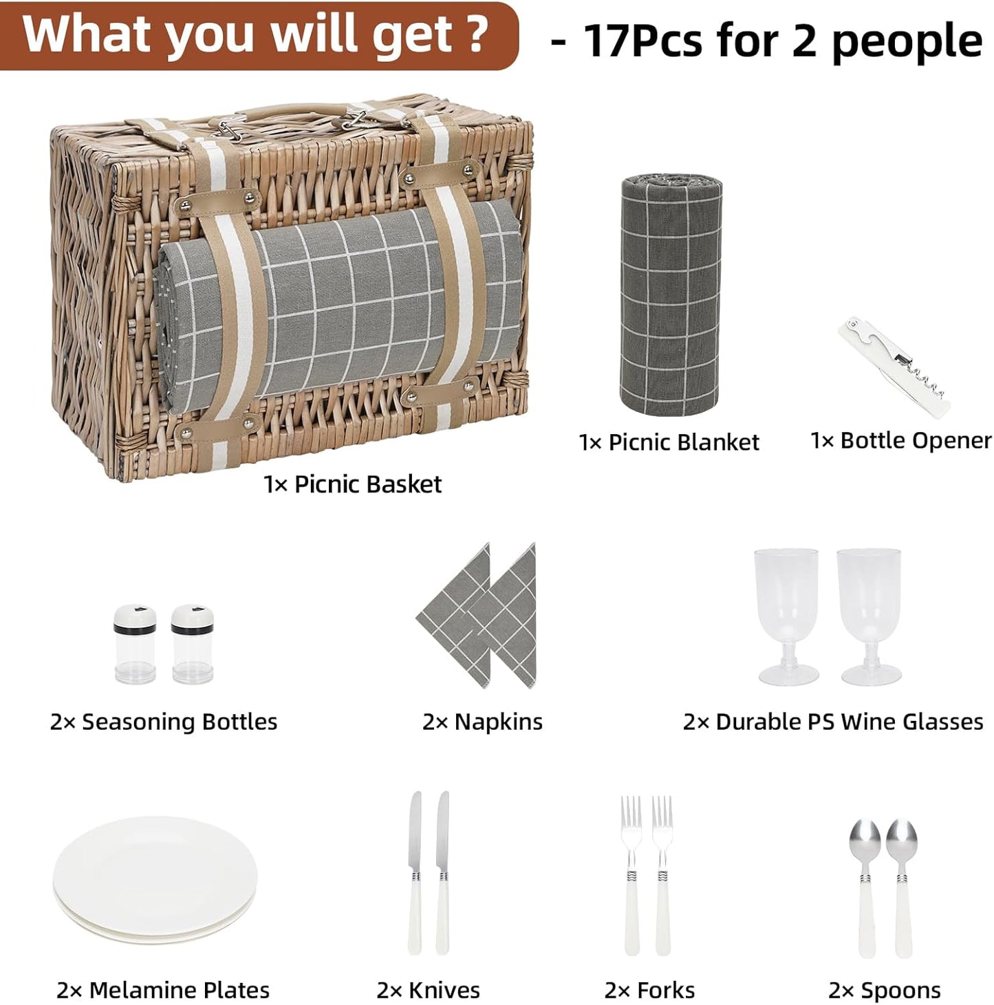 19Pcs Picnic Basket for 2 with Blanket