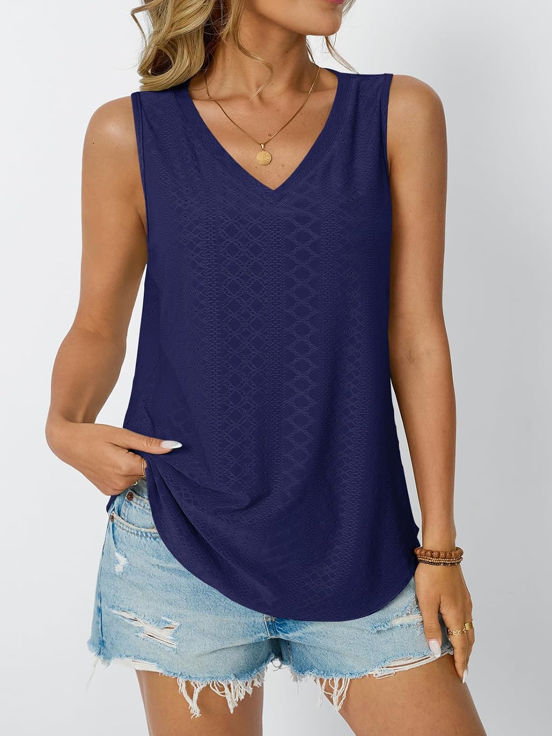 Womens Summer Tank Top Eyelet Embroidery V Neck Sleeveless Loose Fit Casual Shirt