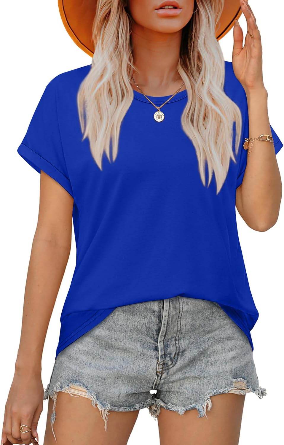 Womens T Shirts Crew Neck Rolled Short Sleeve Basic Summer Tees Curved Hem