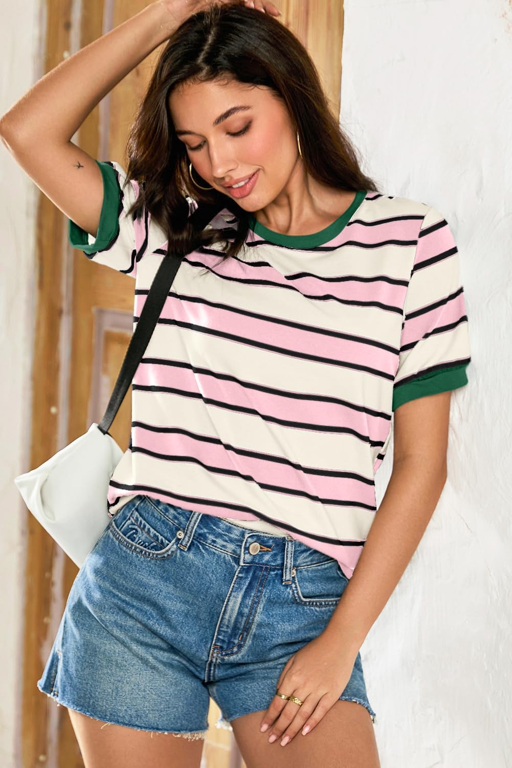 Striped Color Block Short Sleeve T-Shirts Crewneck Casual Loose Basic Tee Blouses