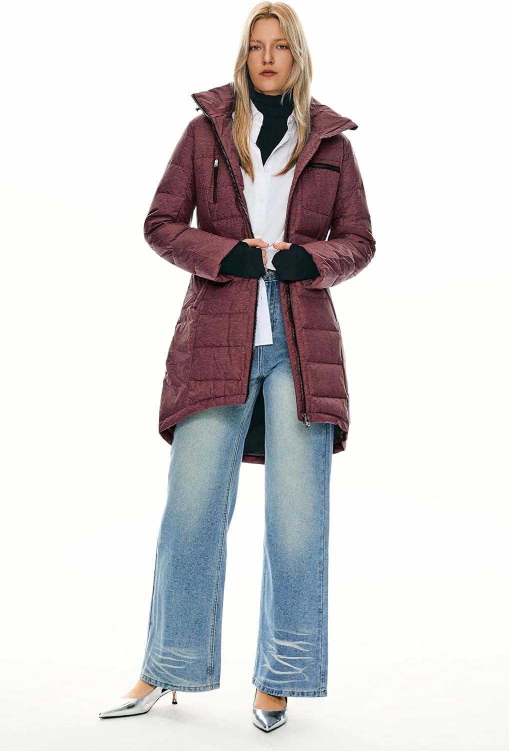 Womens Long Winter Down Jacket Hooded Quilted Puffer Coat Slim Fit Warm Outerwear
