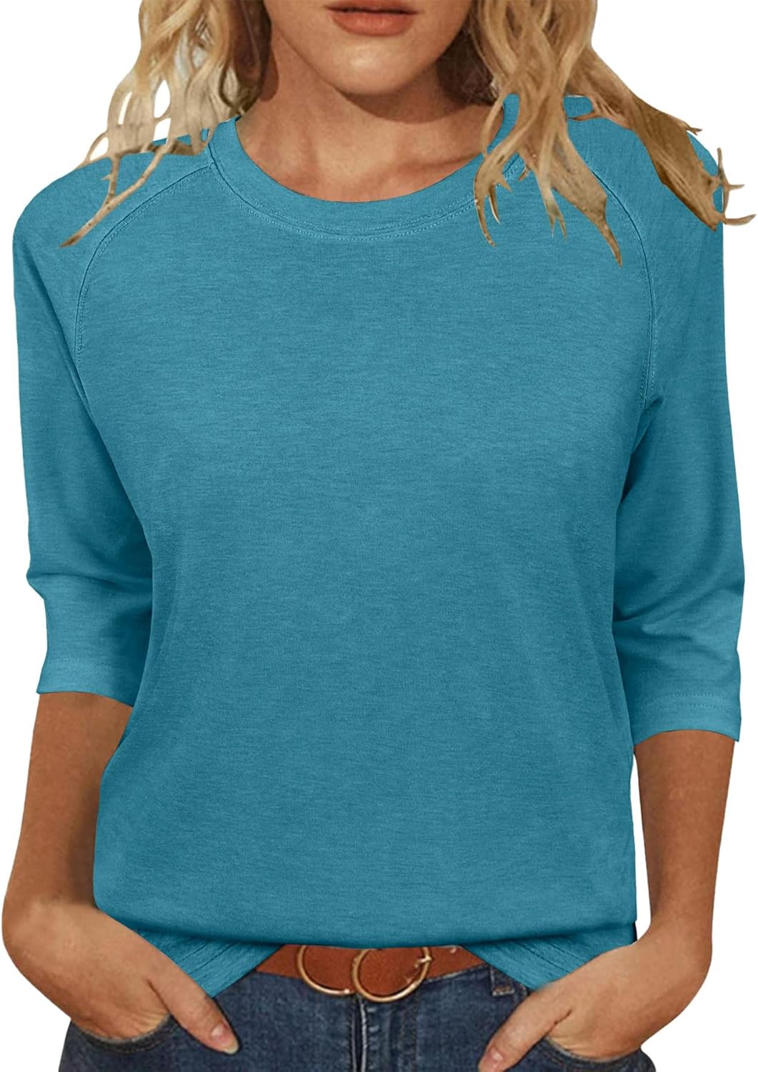 3/4 Sleeve Crew Neck Shirts Loose Fit Tunic Blouses Summer Tees
