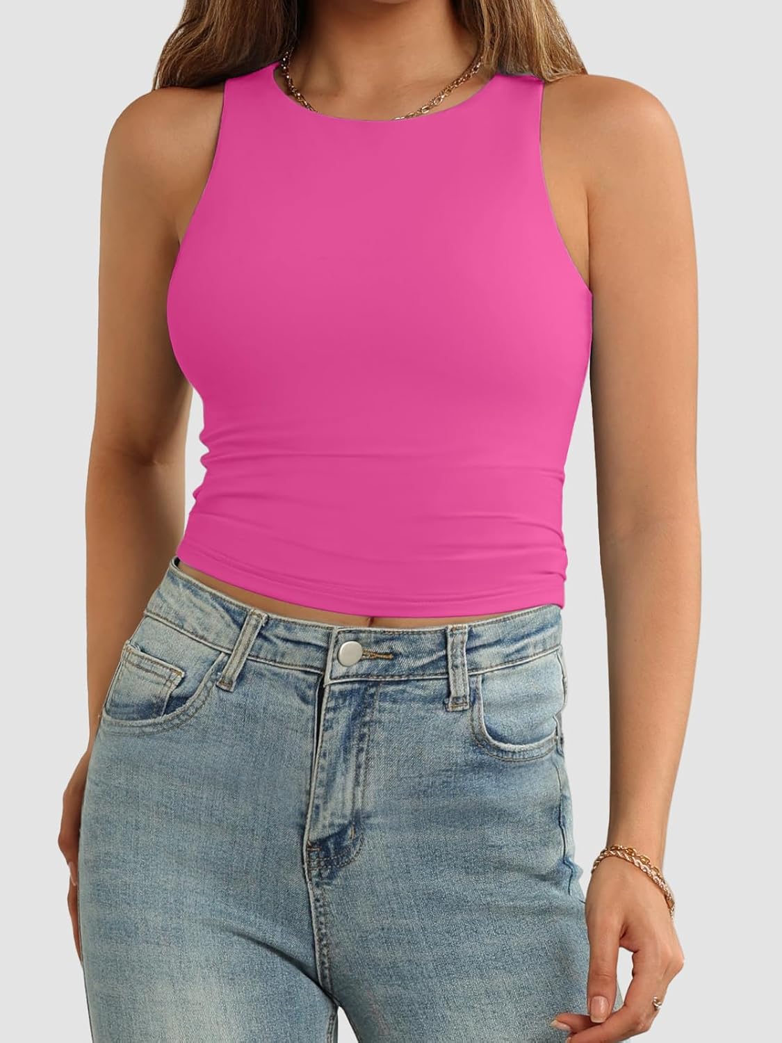 Womens Double Lined Crop Tank Tops Casual Basic Shirts Sleeveless Tops