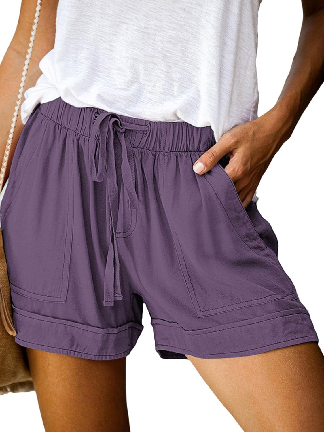 Womens Shorts Summer Comfy Cotton Elastic Waist Drawstring Casual Shorts with Pockets