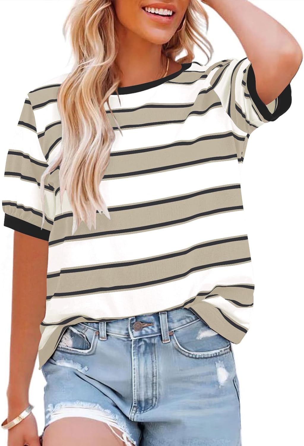 Womens Tops Cotton Casual Color Block Striped Short Sleeve Shirts Crewneck T Shirts