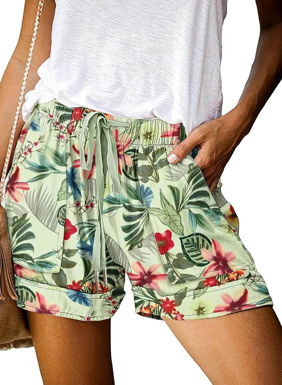 Womens Shorts Cotton Elastic Waist Drawstring Casual Shorts with Pockets
