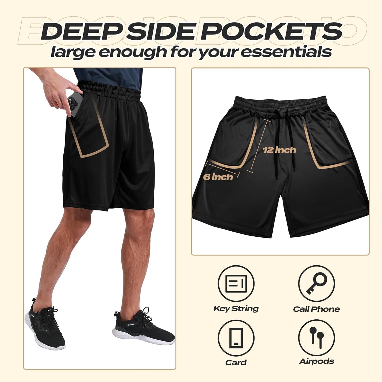 Workout Black Quick Dry Basketball Shorts with Pockets for Running Casual Activewear