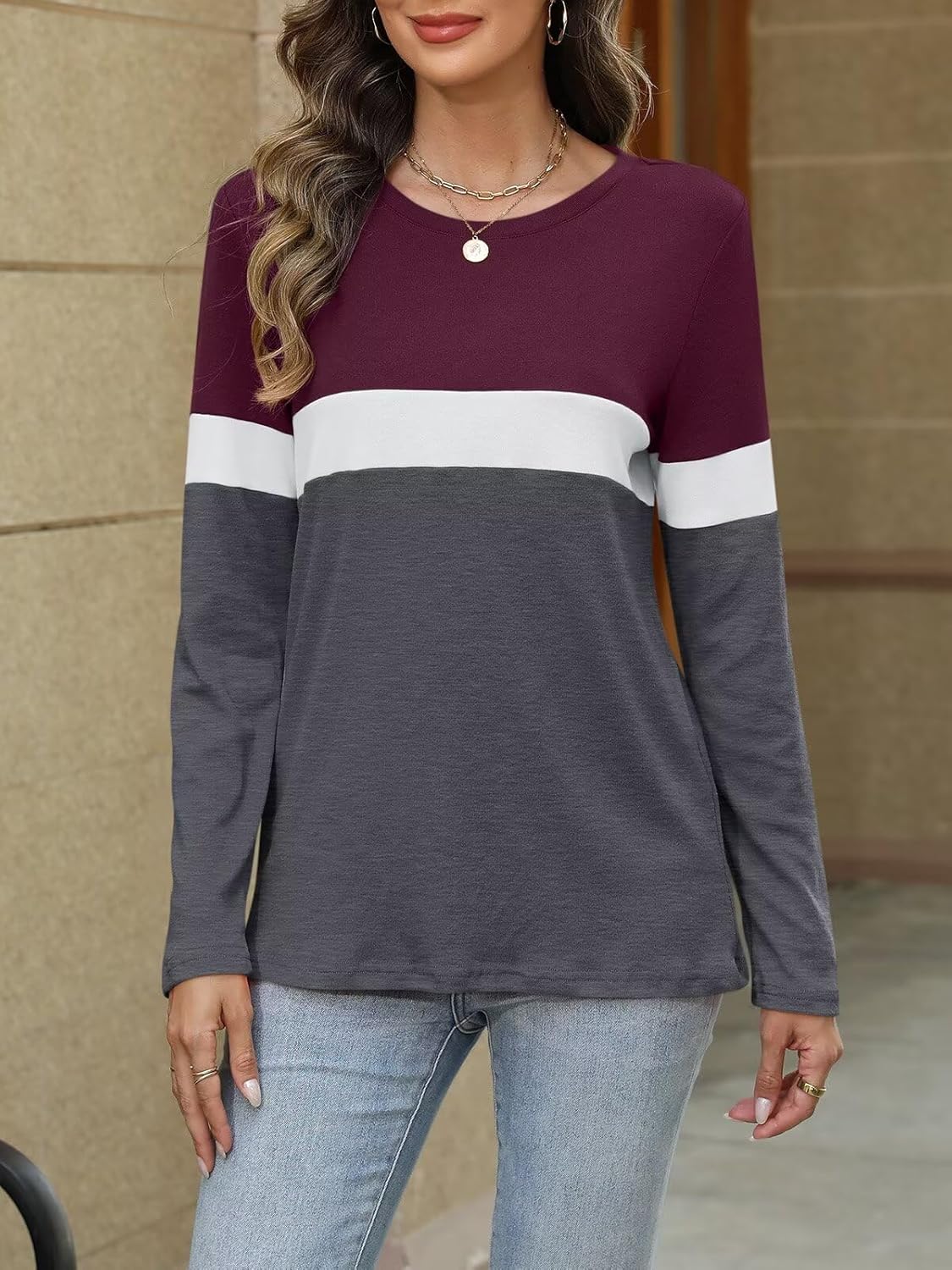 Women Long Sleeve Color Block Tunics Tops Round Neck Shirts Casual Blouses