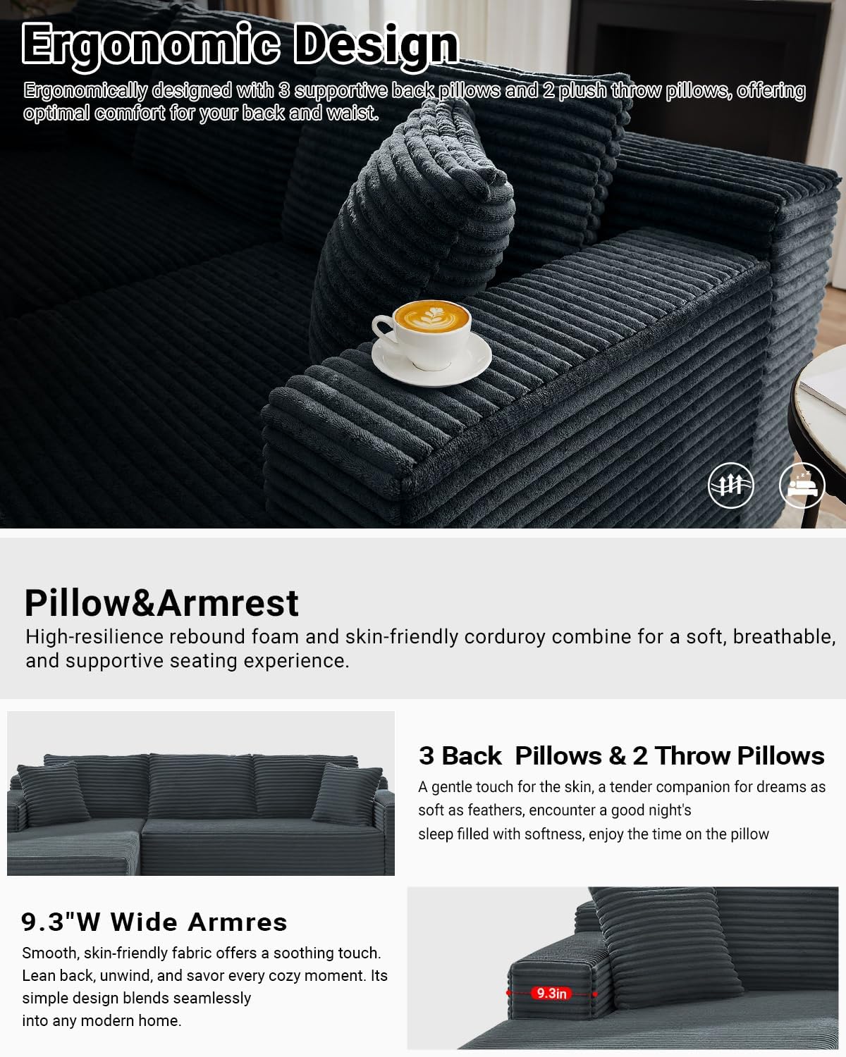 105 Inch Cloud Sectional Couch with Deep Seat