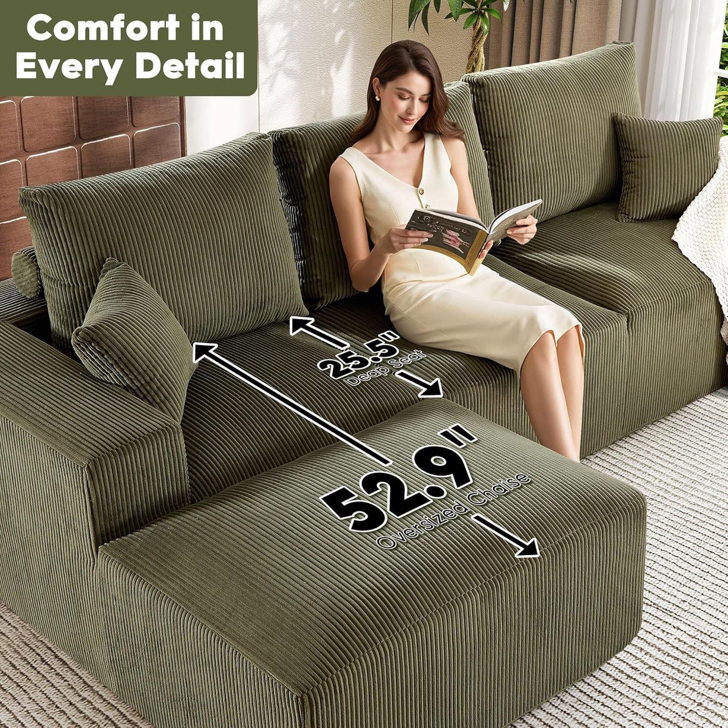 108 Inch Corduroy Cloud Sectional Sofa with Chaise Green