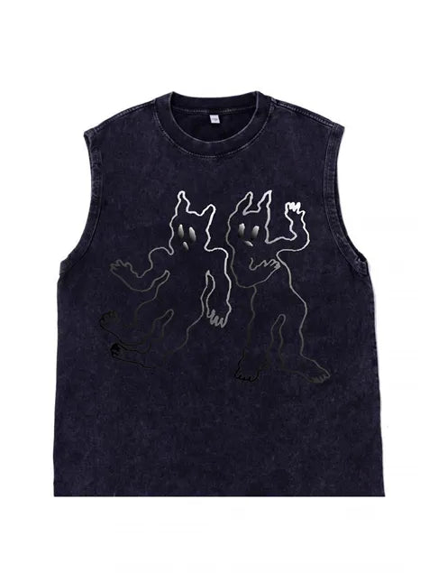 230g Abstract Line Cartoon Printed Wash Old Sleeveless T-shirt