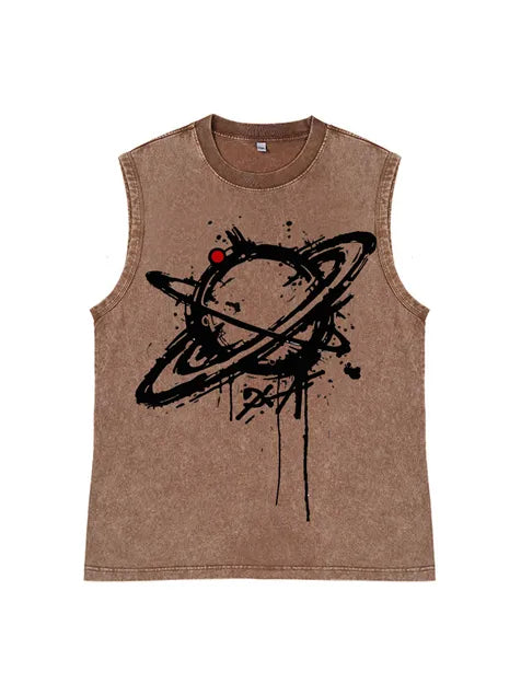 230g Cotton Saturn Printed Sleeveless Wash Old T-shirt
