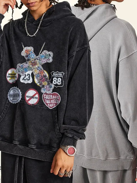 380g Badge Printed Wash Old Cotton Hoodie