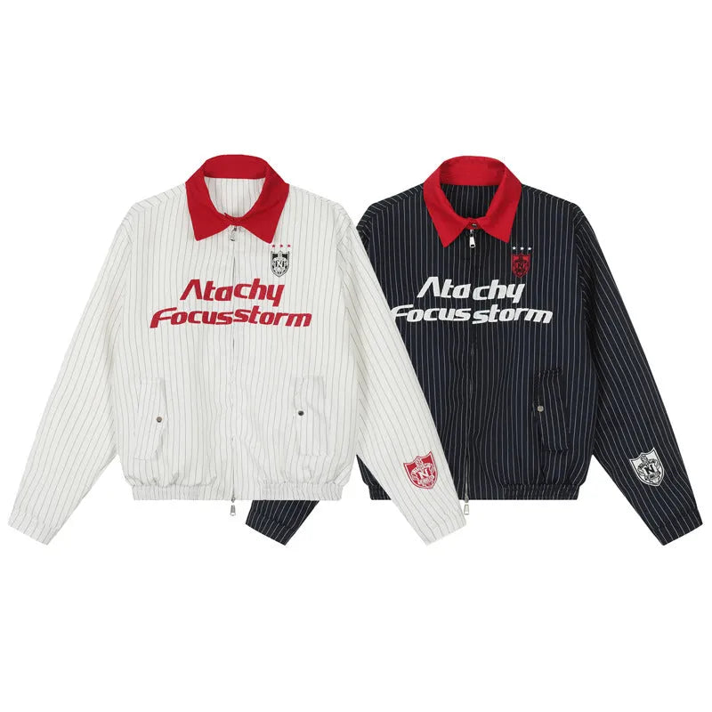 Men's Striped Letter Print Polo Jacket – Stylish & Sporty Outerwear