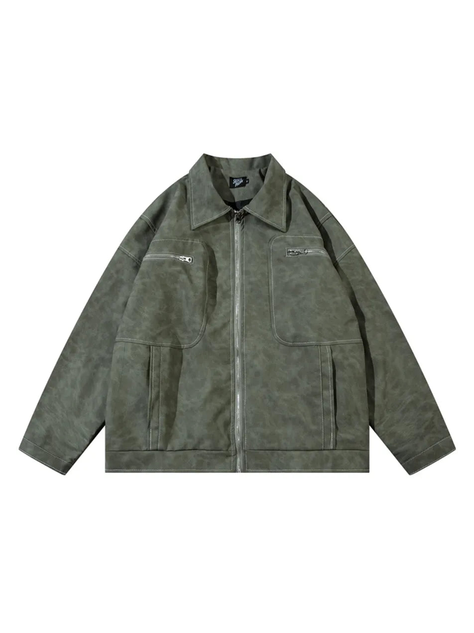 Vintage Zip-up Lapel PU Leather Jacket