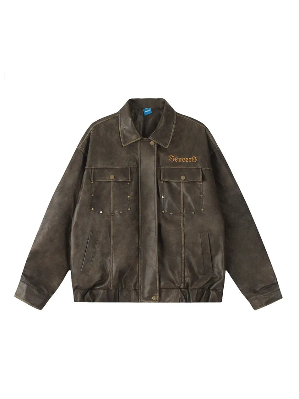 Rivet Multi-pocket Leather Jacket for Women