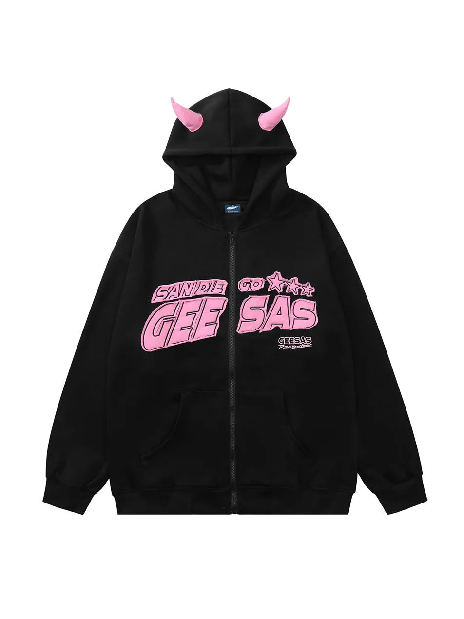 Hoodie Sweatshirt With Demon Horn Design For Women
