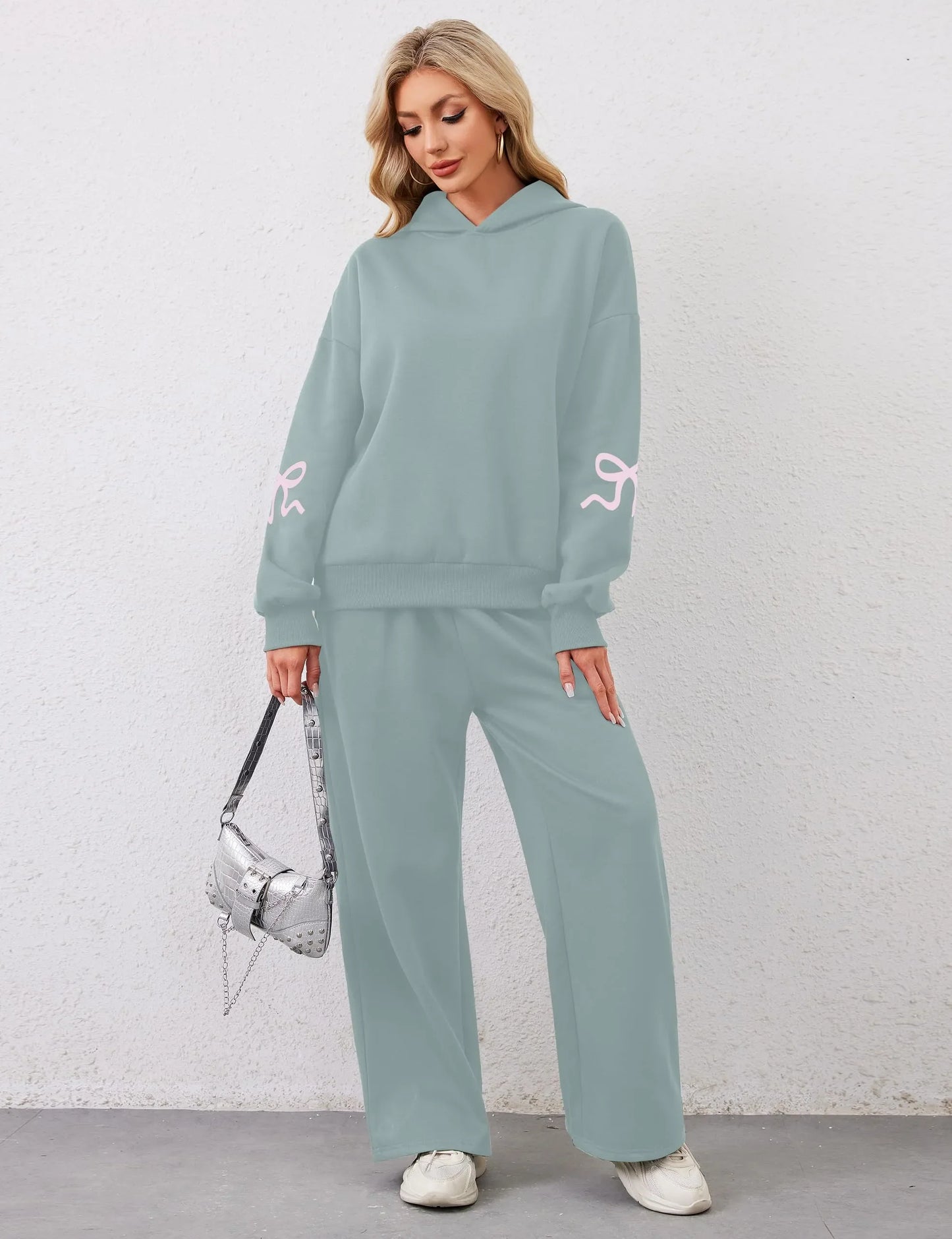 Women's 2 Piece Outfits Bow Trim Print Hoodie Sweatsuit Sets