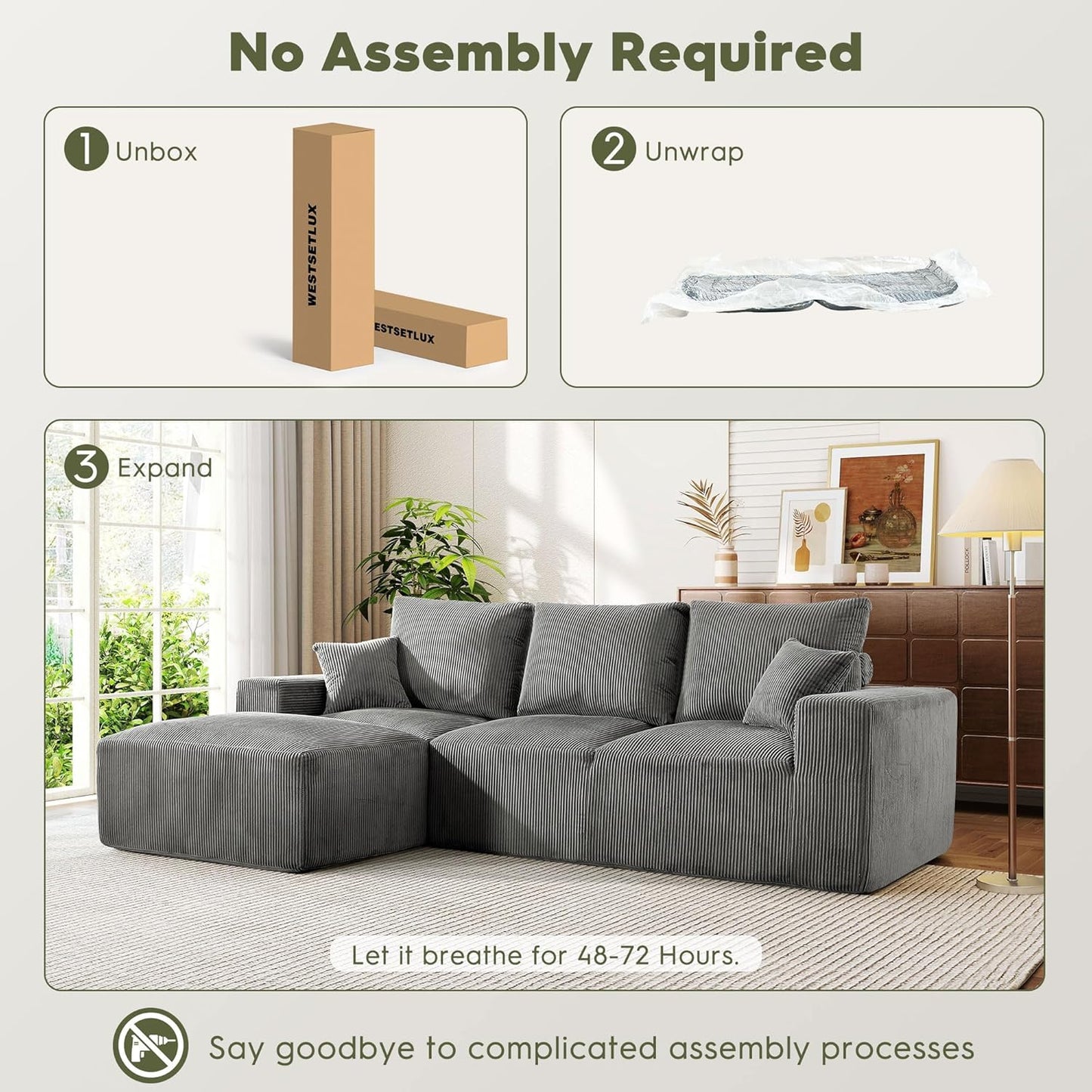 108 Inch Corduroy Cloud Sectional Sofa with Chaise Green