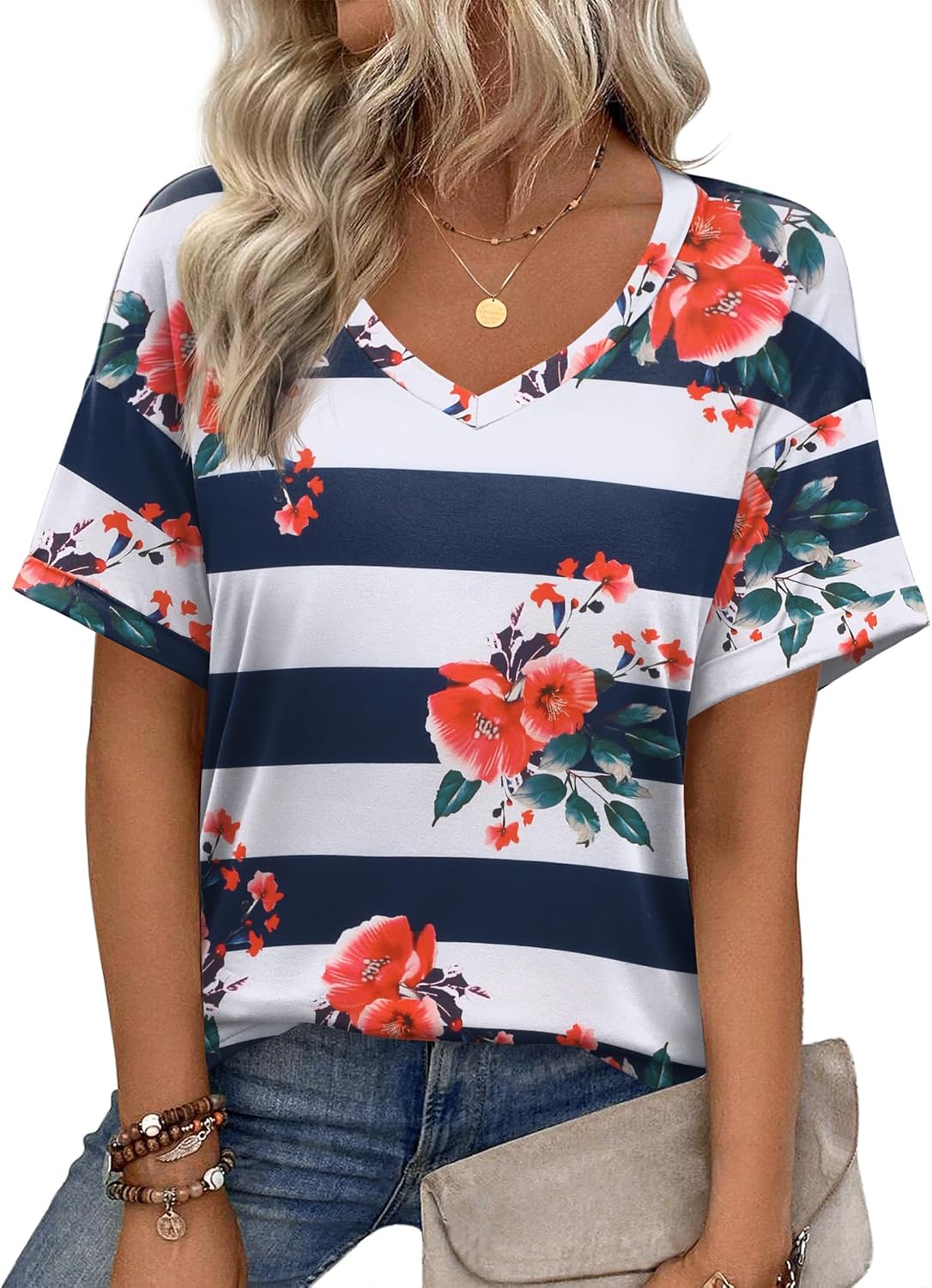 Short Sleeve Casual Shirts Floral Tee Basics V Neck Plain T-shirt