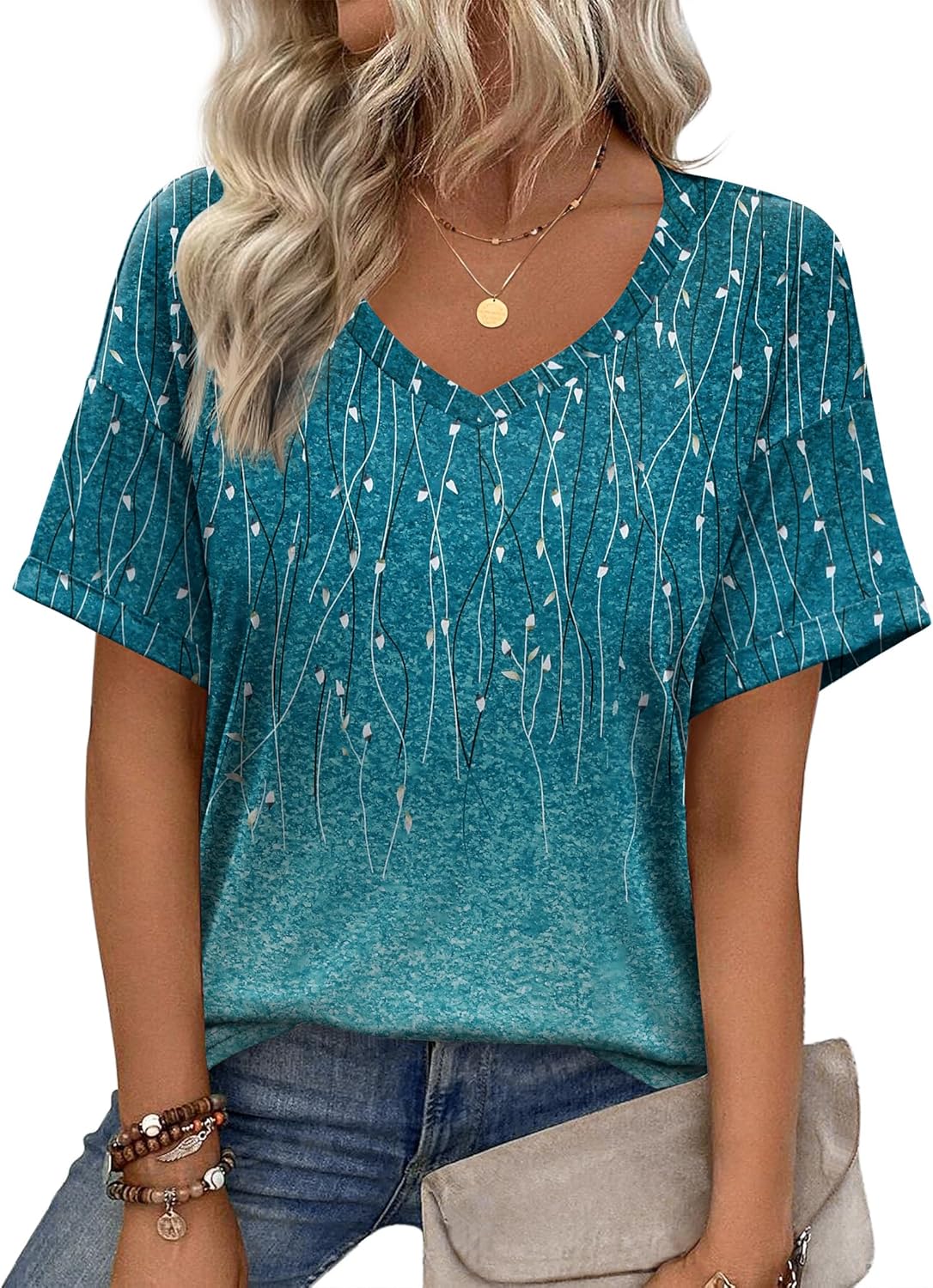 Short Sleeve Casual Shirts Floral Tee Basics V Neck Plain T-shirt
