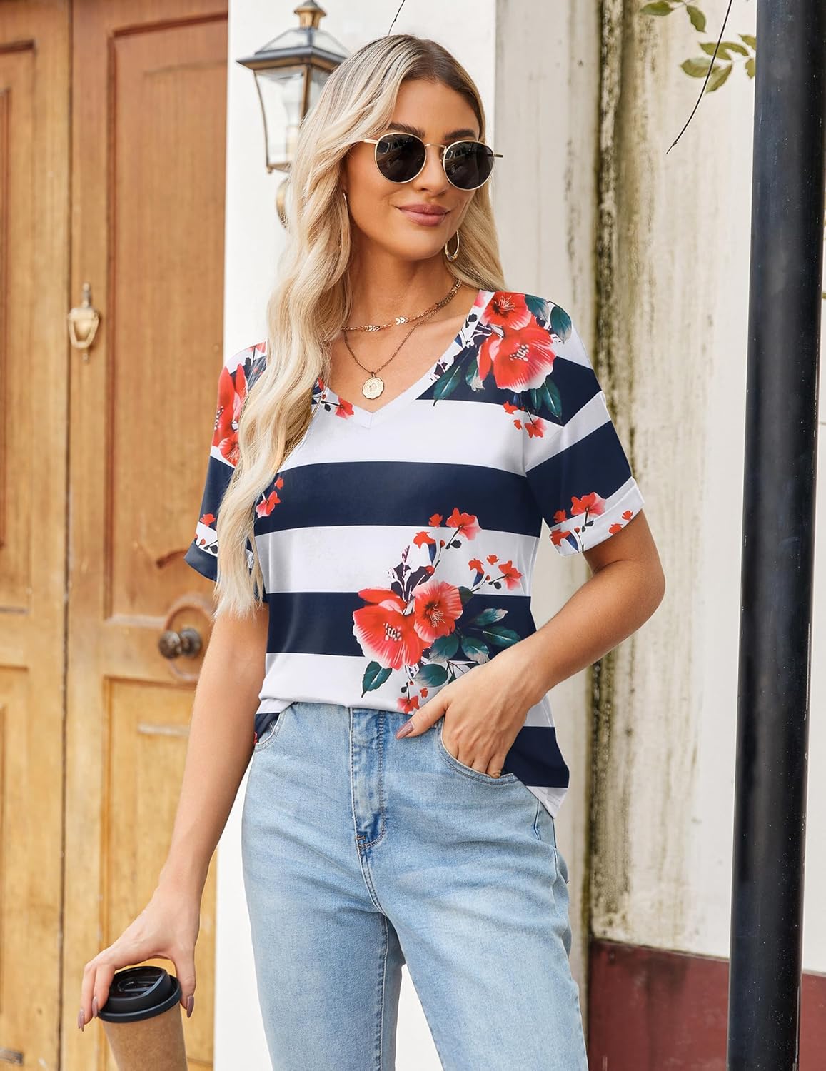 Short Sleeve Casual Shirts Floral Tee Basics V Neck Plain T-shirt