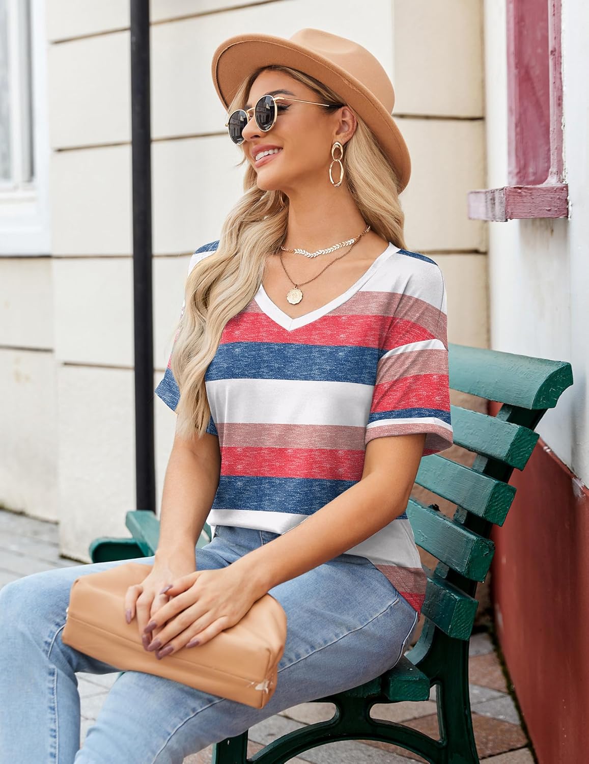 Short Sleeve Casual Shirts Floral Tee Basics V Neck Plain T-shirt