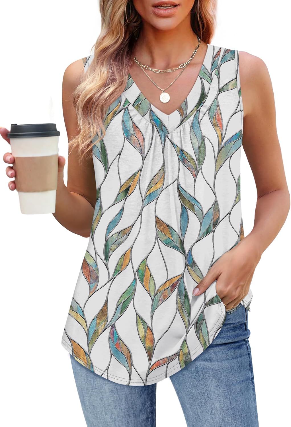 Womens V Neck Tank Top Loose Fit Sleeveless Summer Shirt Ruched Tees and Tanks with Curved Hem