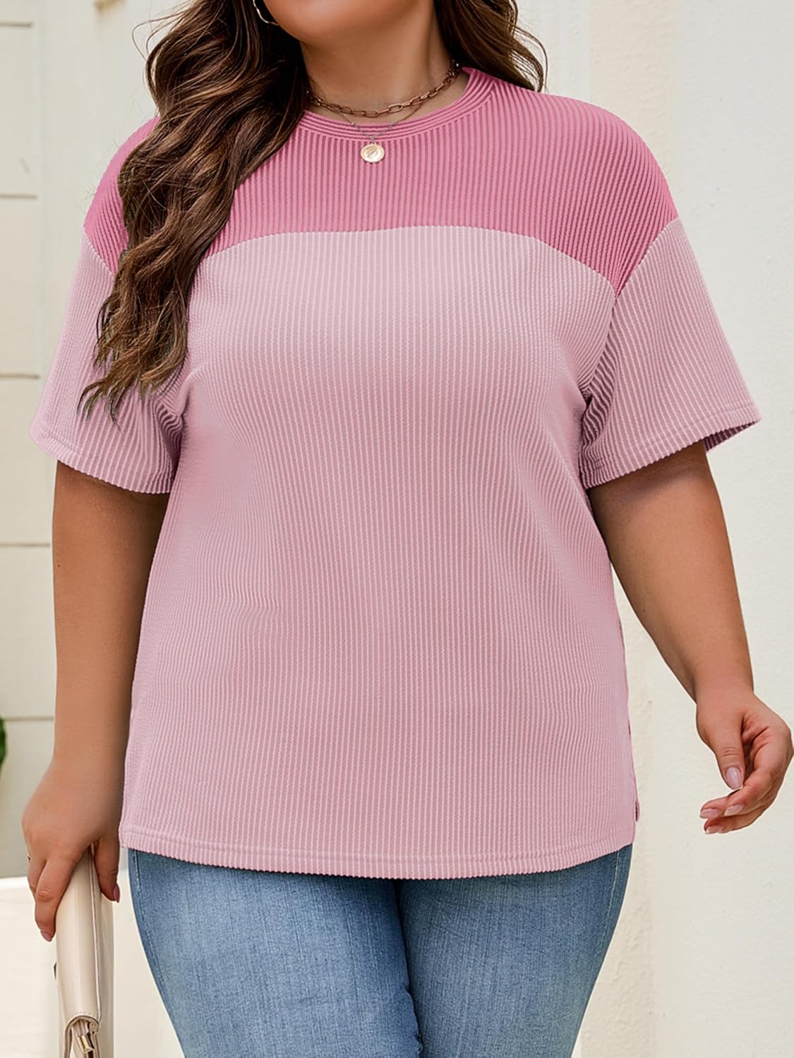 Womens Plus Size Short Sleeve Color Block Pullover Tunic Tops