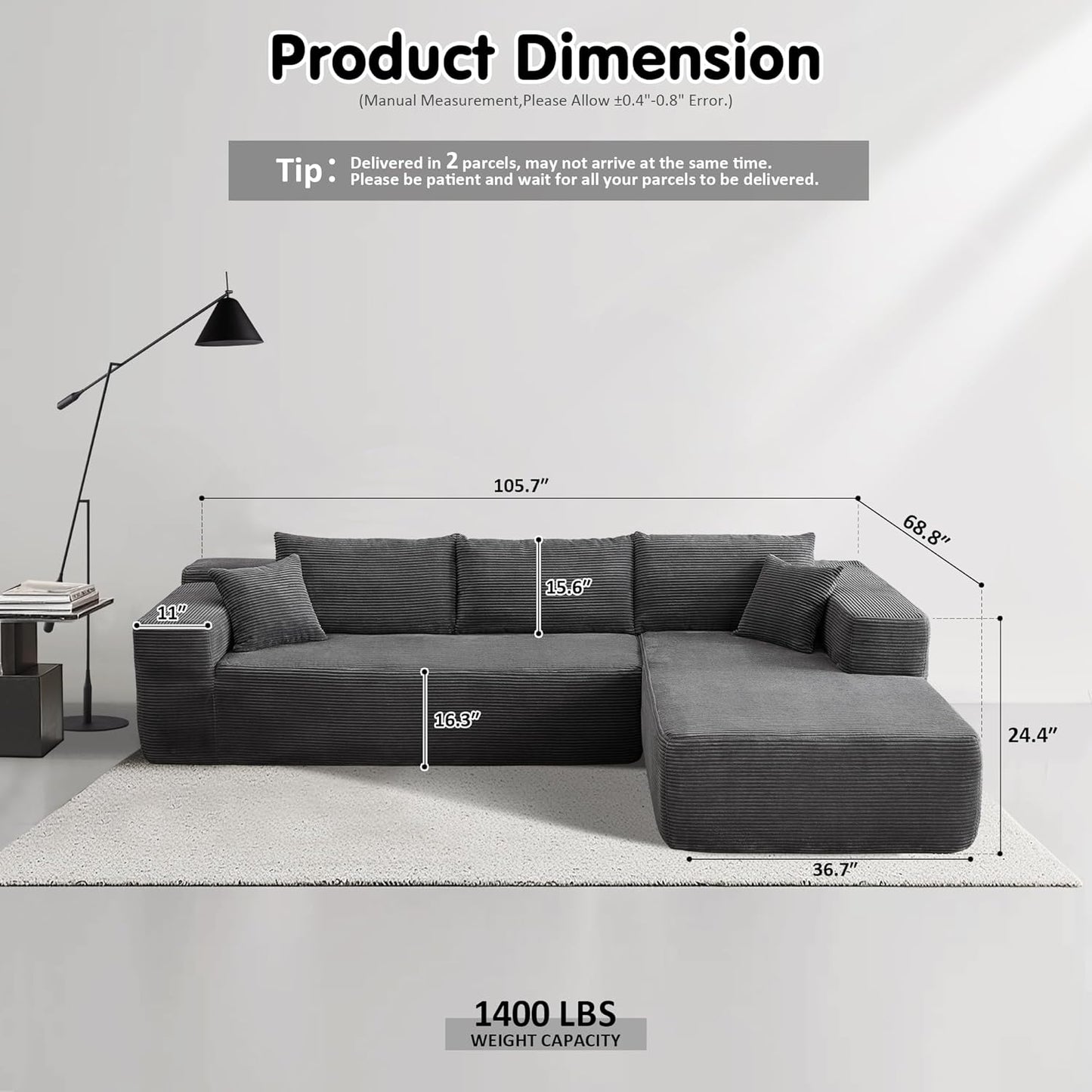 104" Cloud Sectional Couch with L-Shape Chaise