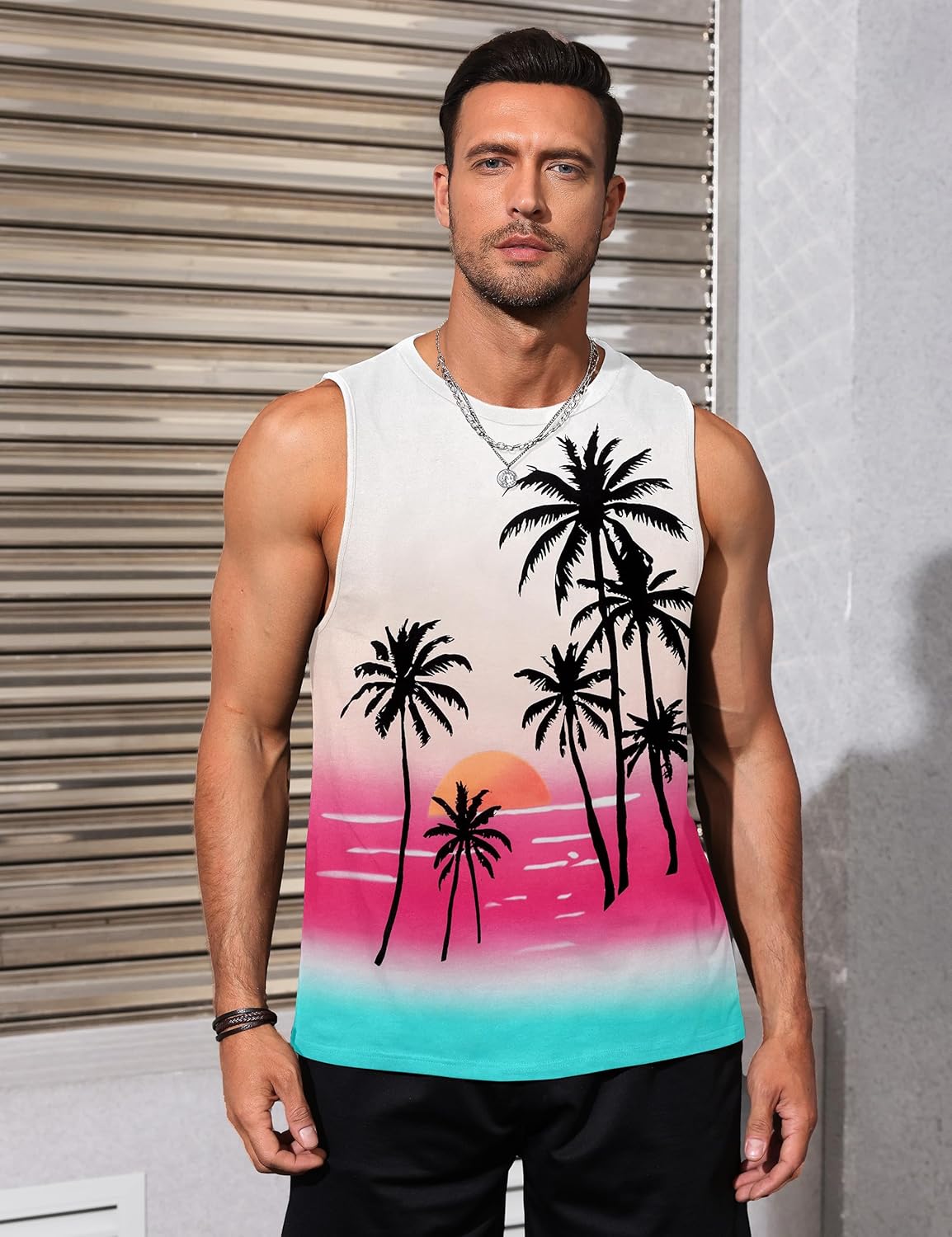 Mens Tank Tops Beach Summer Sleeveless Shirts Graphic Palm Tree Vacation