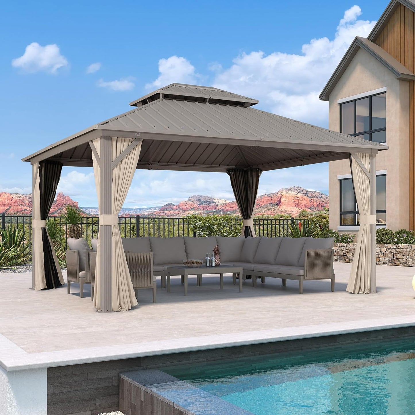 12x20ft Hardtop Gazebo Aluminum Frame Steel Roof Curtains Netting