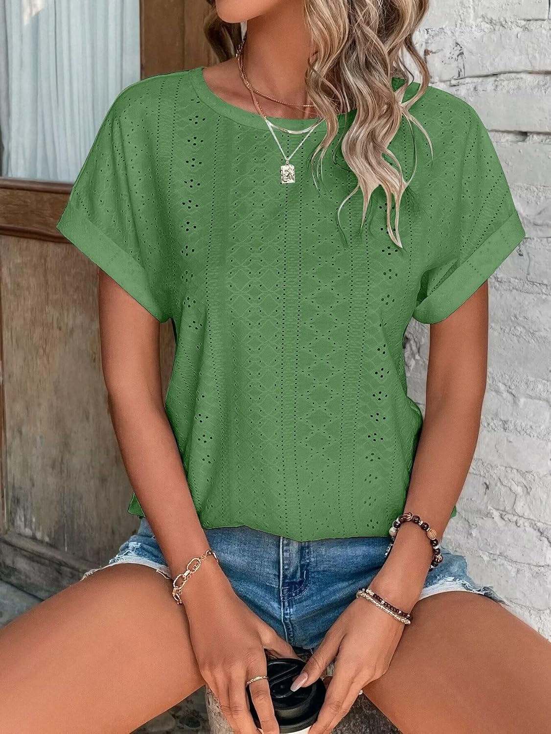 Womens Tops Eyelet Embroidery Summer Spring Curved Hem Short Sleeve Trendy T Shirts
