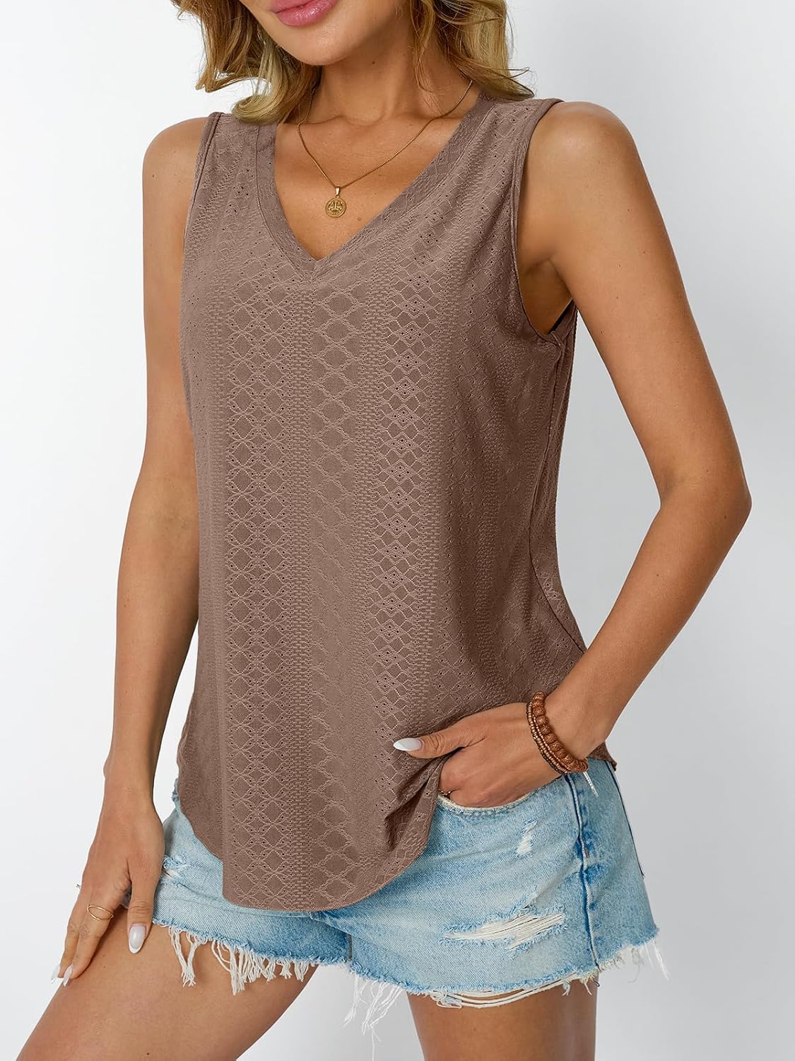 Womens Summer Tank Top Eyelet Embroidery V Neck Sleeveless Loose Fit Casual Shirt