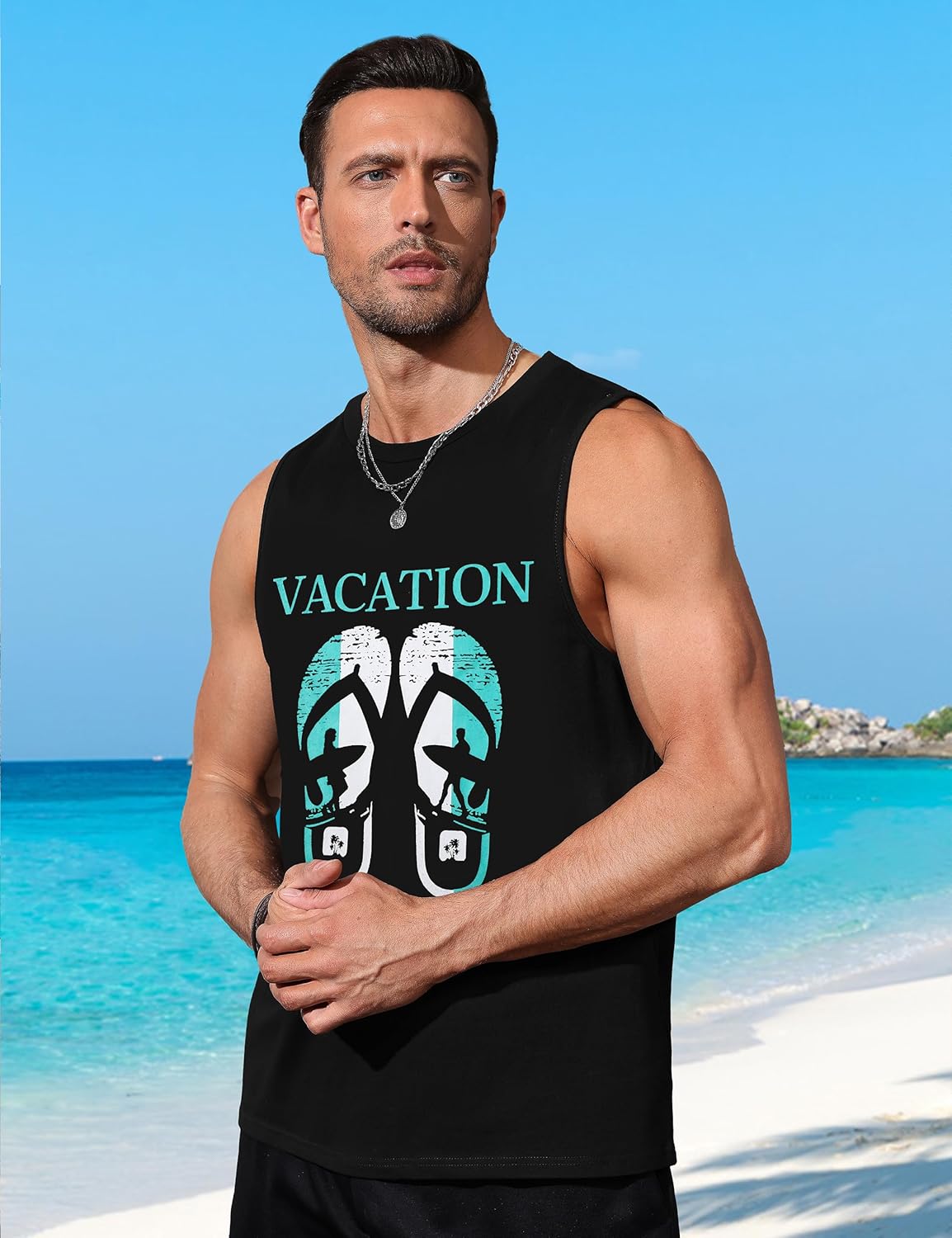 Mens Tank Tops Beach Summer Sleeveless Shirts Graphic Palm Tree Vacation