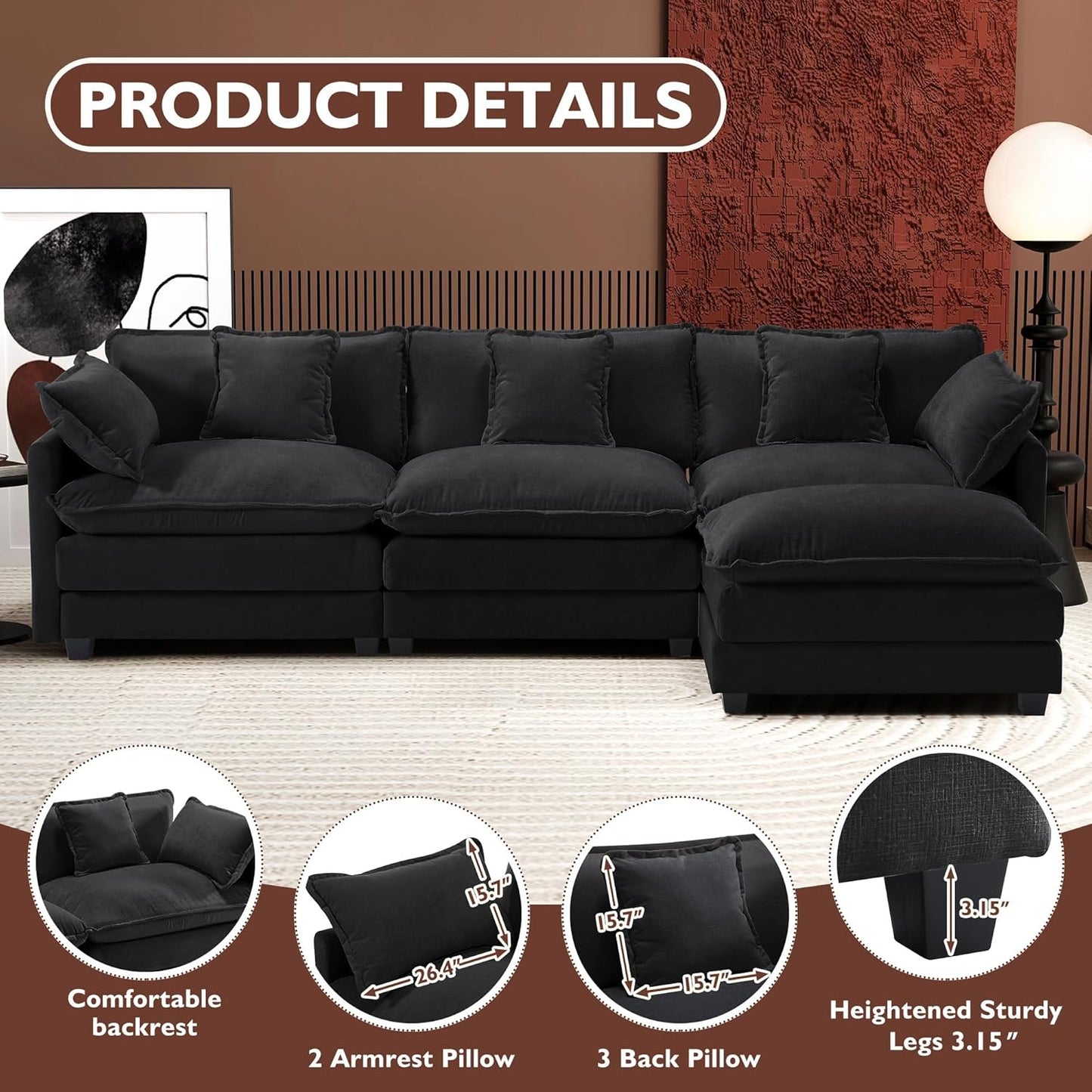 146" U-Shaped Modern Sofa Modular Sectional Cloud Couch