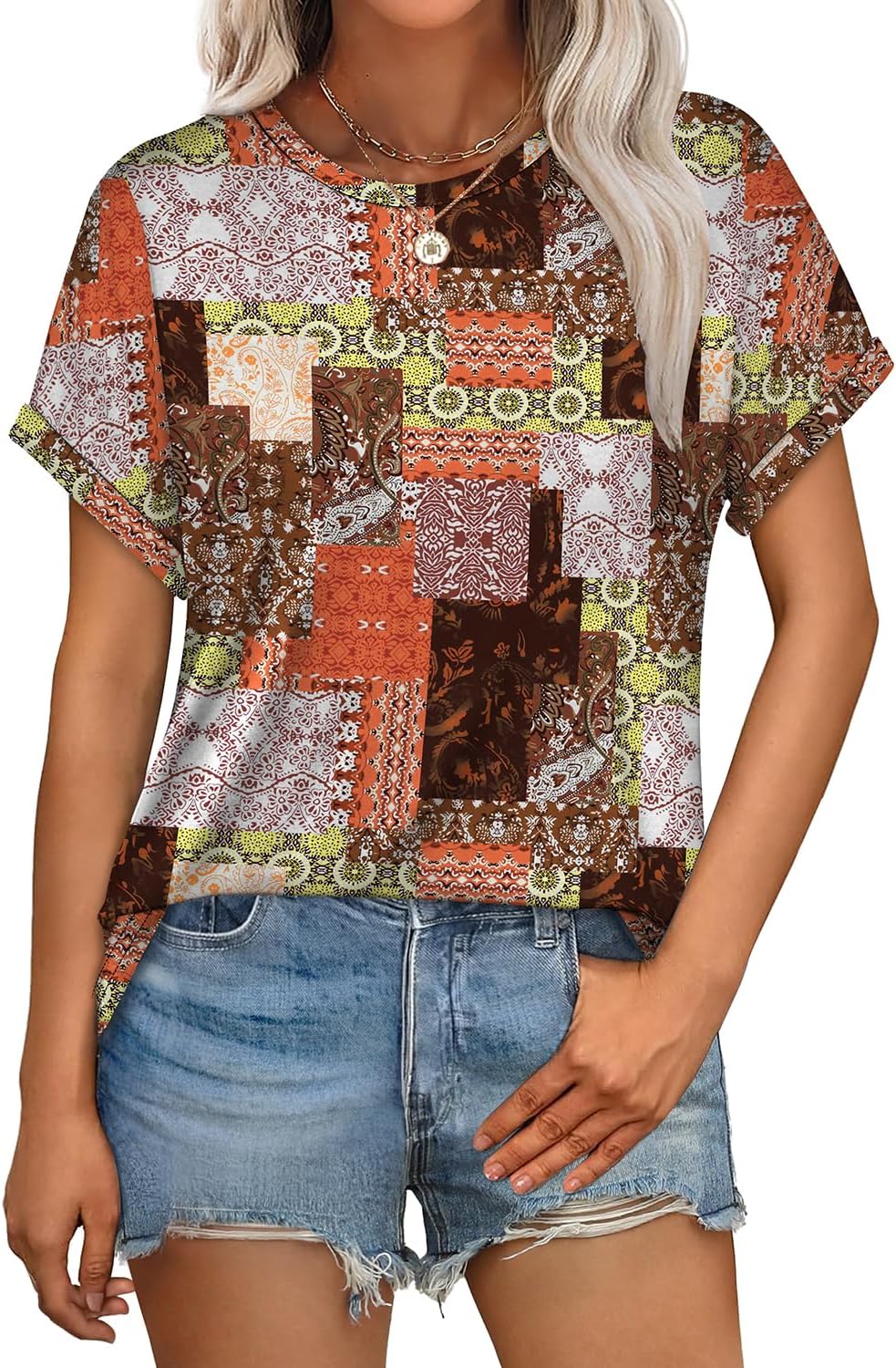 Womens T Shirts Crew Neck Rolled Short Sleeve Basic Summer Tees Curved Hem